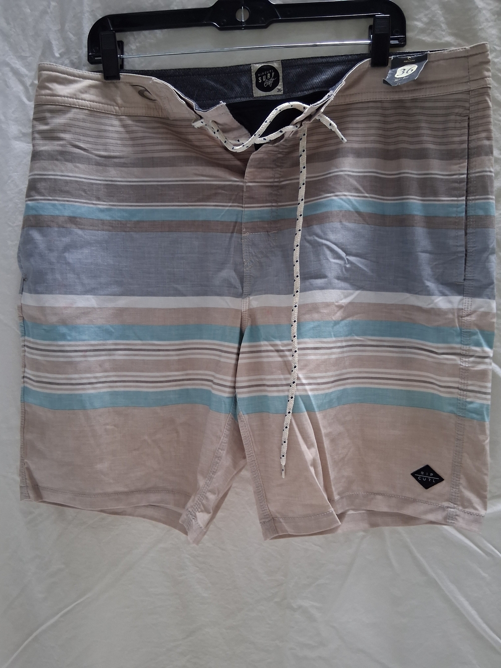 Rip Curl Surf Craft Men’s Beige, Blue & Gray Striped Board Shorts 36 Waist